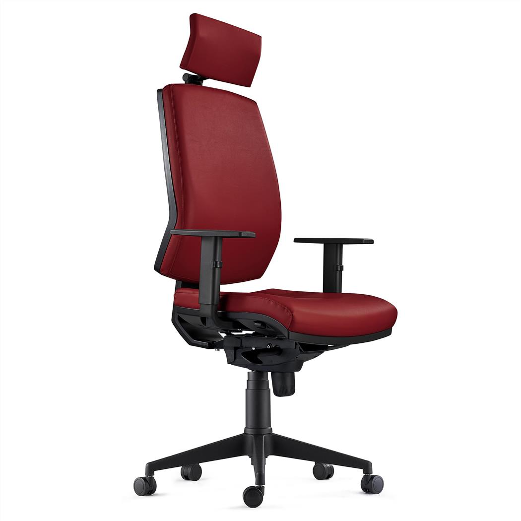 Sedia Ergonomica OLIVER, in Vera Pelle color Bordeaux e con Poggiatesta Integrato