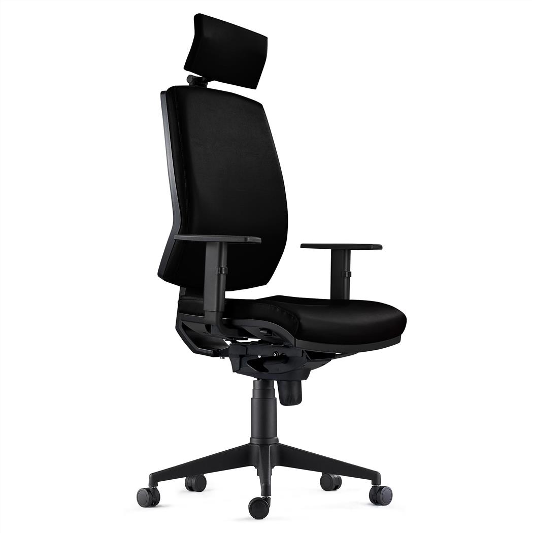 Sedia Ergonomica OLIVER, in Vera Pelle color Nero e con Poggiatesta Integrato
