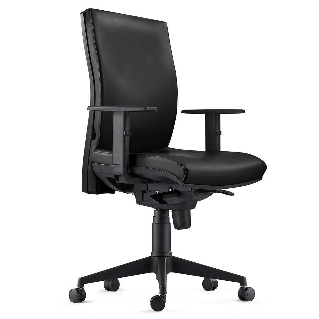 Sedia Ergonomica KEVIN, in Pelle color Nero con Sostegno Lombare e Braccioli Regolabili
