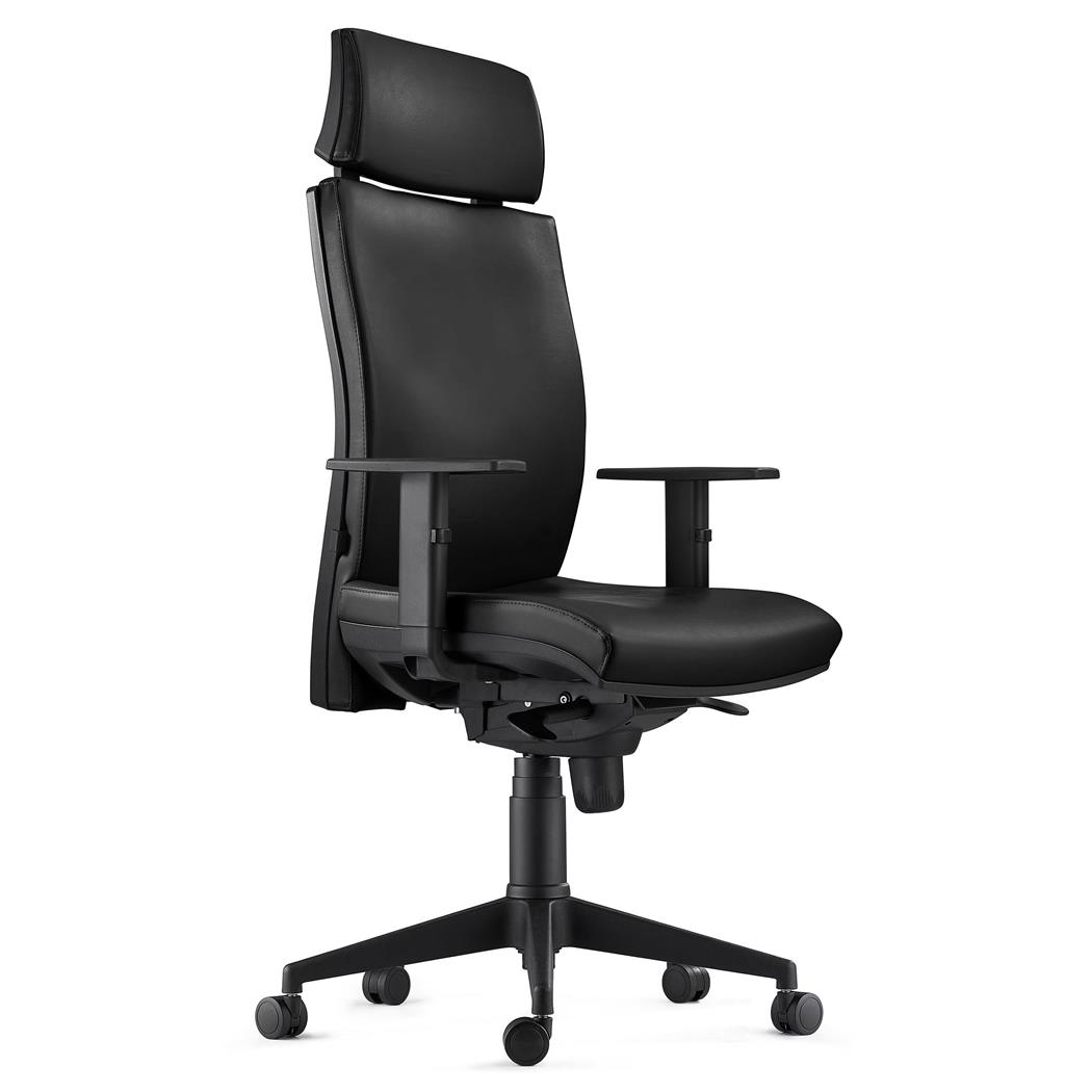 Sedia Ergonomica MARVEL, Supporto Lombare Regolabile, Vera Pelle Nera 