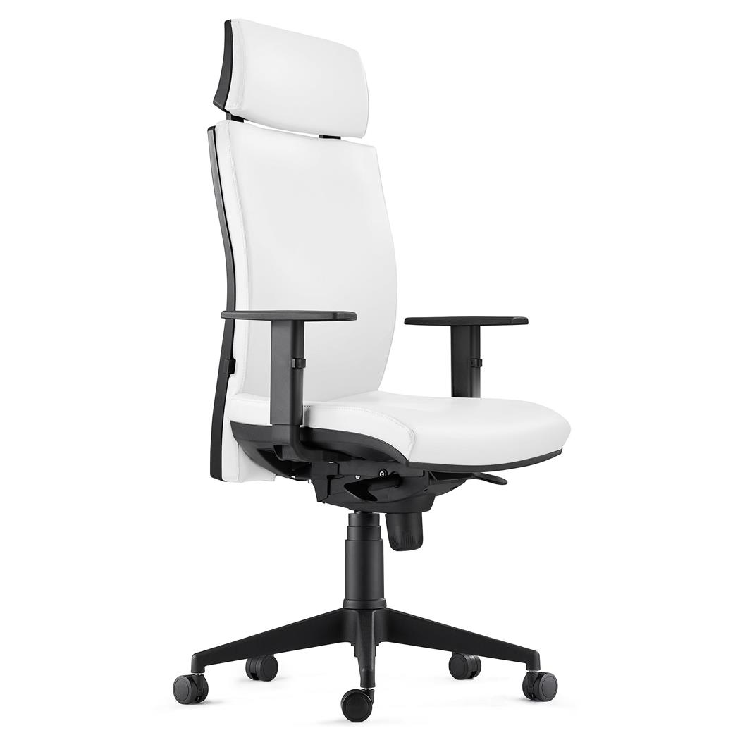 Sedia Ergonomica MARVEL in Vera Pelle color Bianco, con Poggiatesta e Supporto Lombare