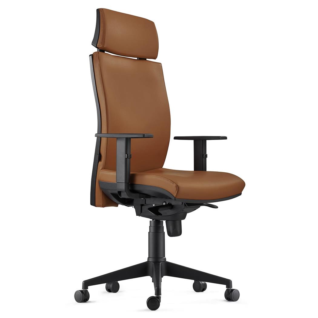 Sedia Ergonomica MARVEL in Vera Pelle color Marrone, con Poggiatesta e Supporto Lombare