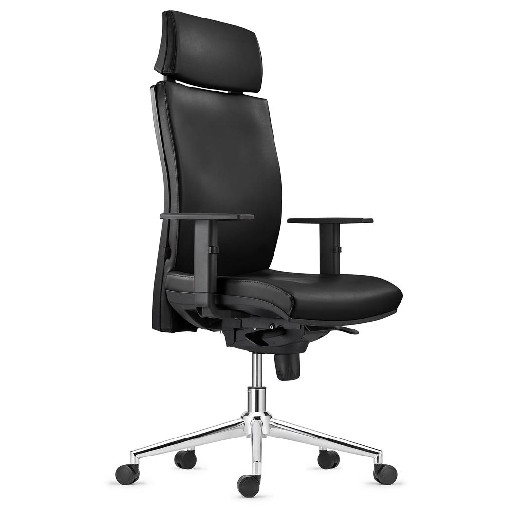 Sedia Ergonomica MARVEL, in Pelle color Nero, con Base Metallica, con Poggiatesta e Sostegno lombare