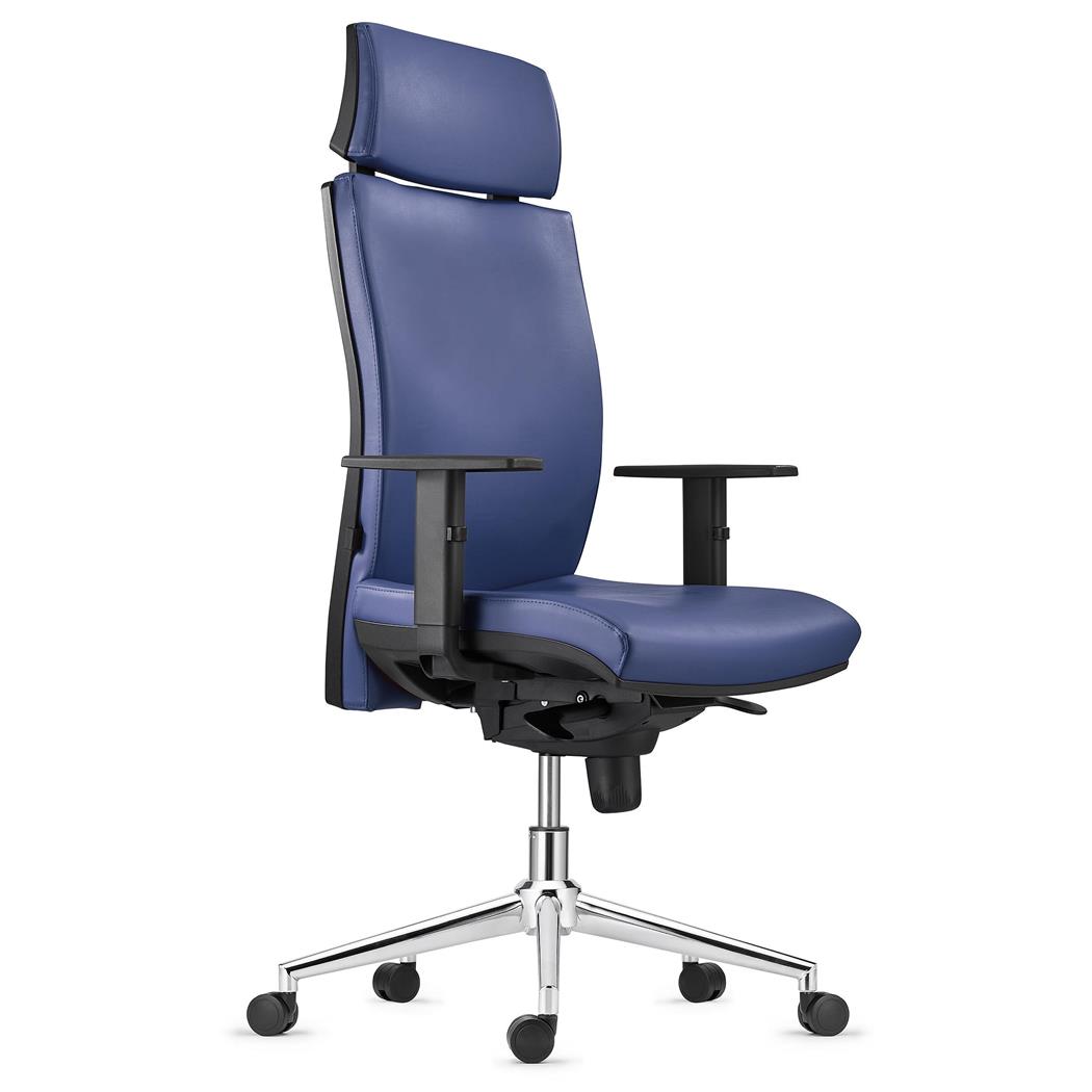 Sedia Ergonomica MARVEL in Vera Pelle color Blu, con Base Metallica, con Poggiatesta e Supporto Lombare