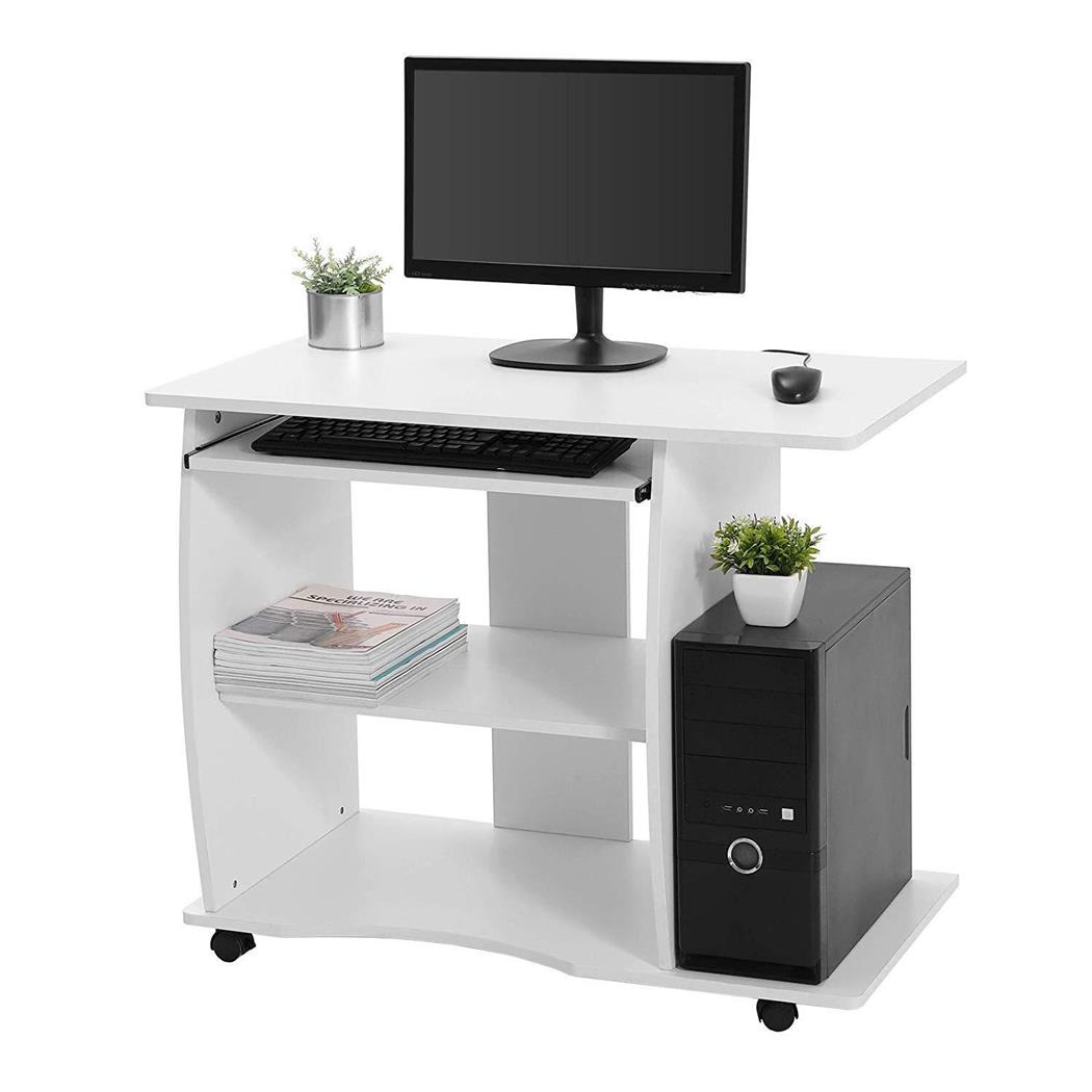 Scrivania Per Computer DAMIAN, in Legno, Con Ruote, 90x50x75cm, Bianco