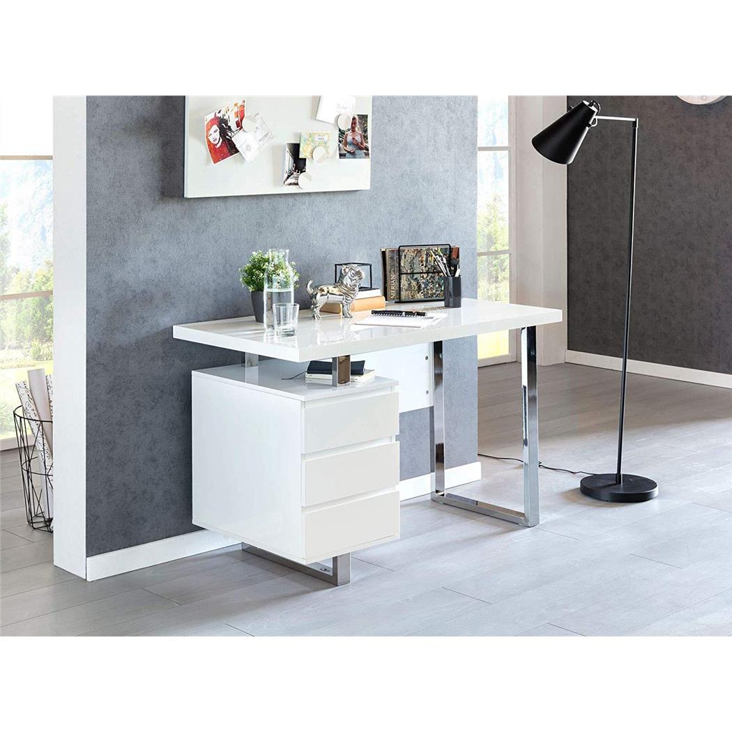 Scrivania di Design HANNA, 115x60x76cm, Gambe in Metallo Cromato, in Bianco Lucido