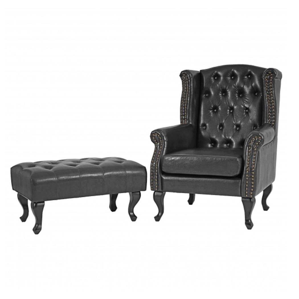 Poltrona ELISABETH, Poggiapiedi, Stile Chester, Elegante, Pelle, Nero