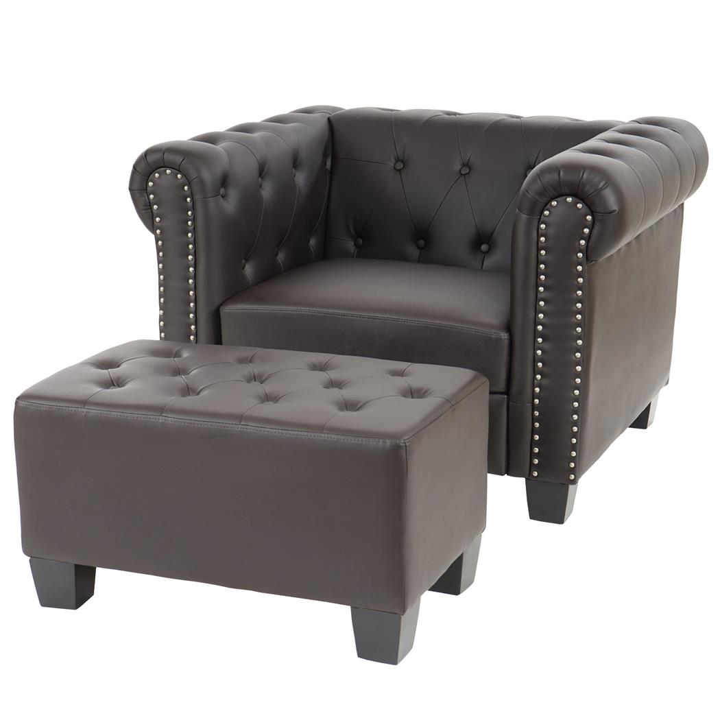 Poltrona Ospiti CHESTER con POUF, Classica ed Elegante, Pelle, Marrone