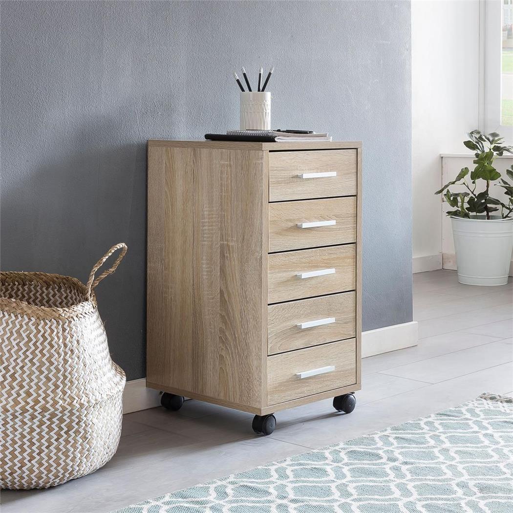 Cassettiera con Ruote KLAY, 5 Cassetti, 33x63x38 cm, Colore Rovere