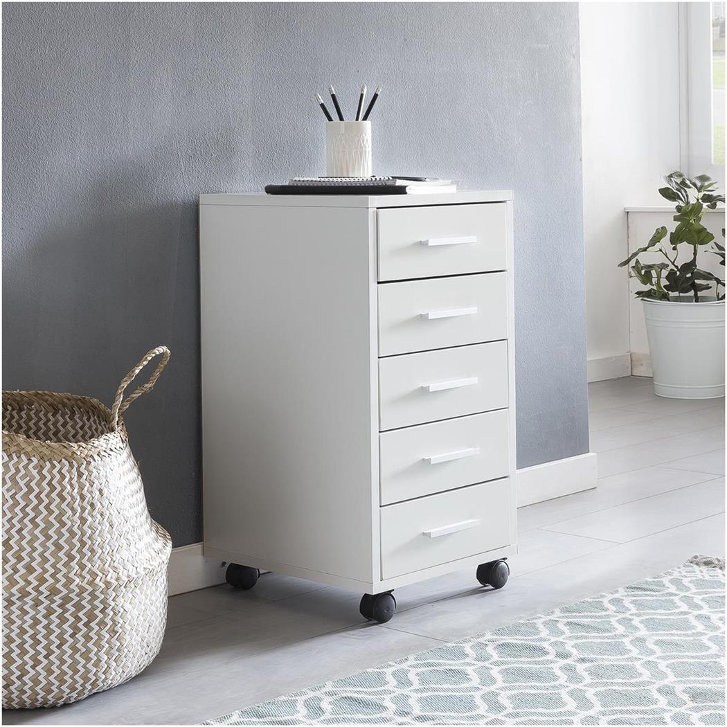 Cassettiera con Ruote KLAY, 5 Cassetti, 33x63x38 cm, Colore Bianco