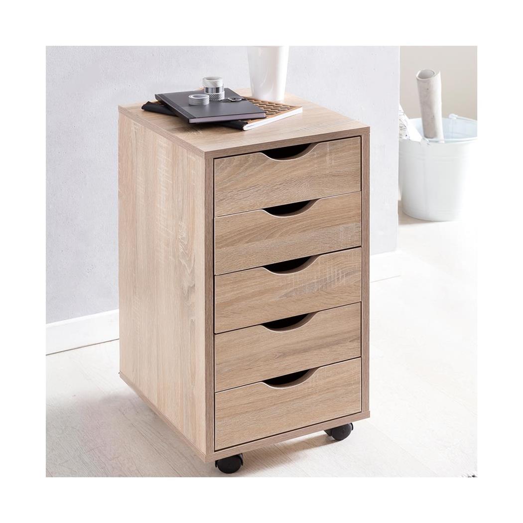 Cassettiera con Ruote CLOVER, 5 Cassetti, 33x64x38 cm, Colore Rovere