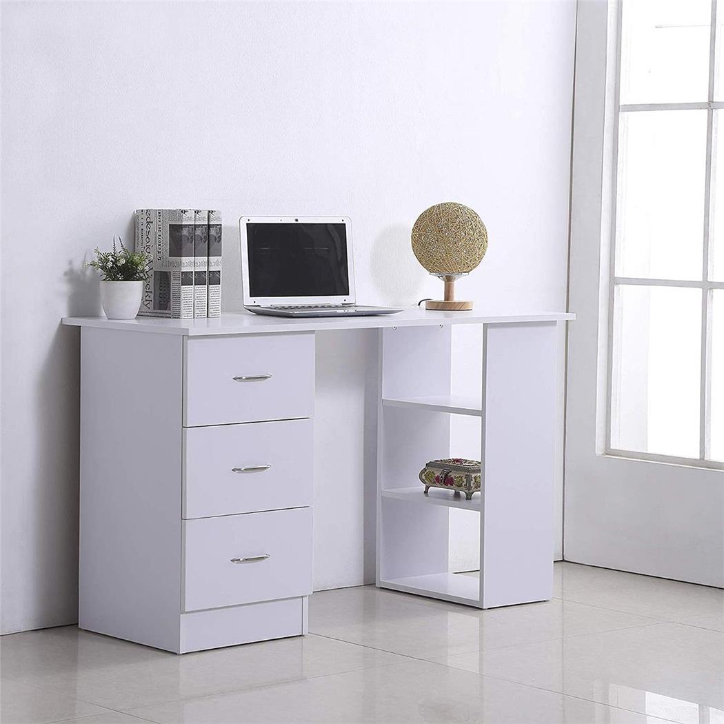 Scrivania Per PC LIAM, 120x49x72cm, con Cassetti e Vani, Legno Bianco