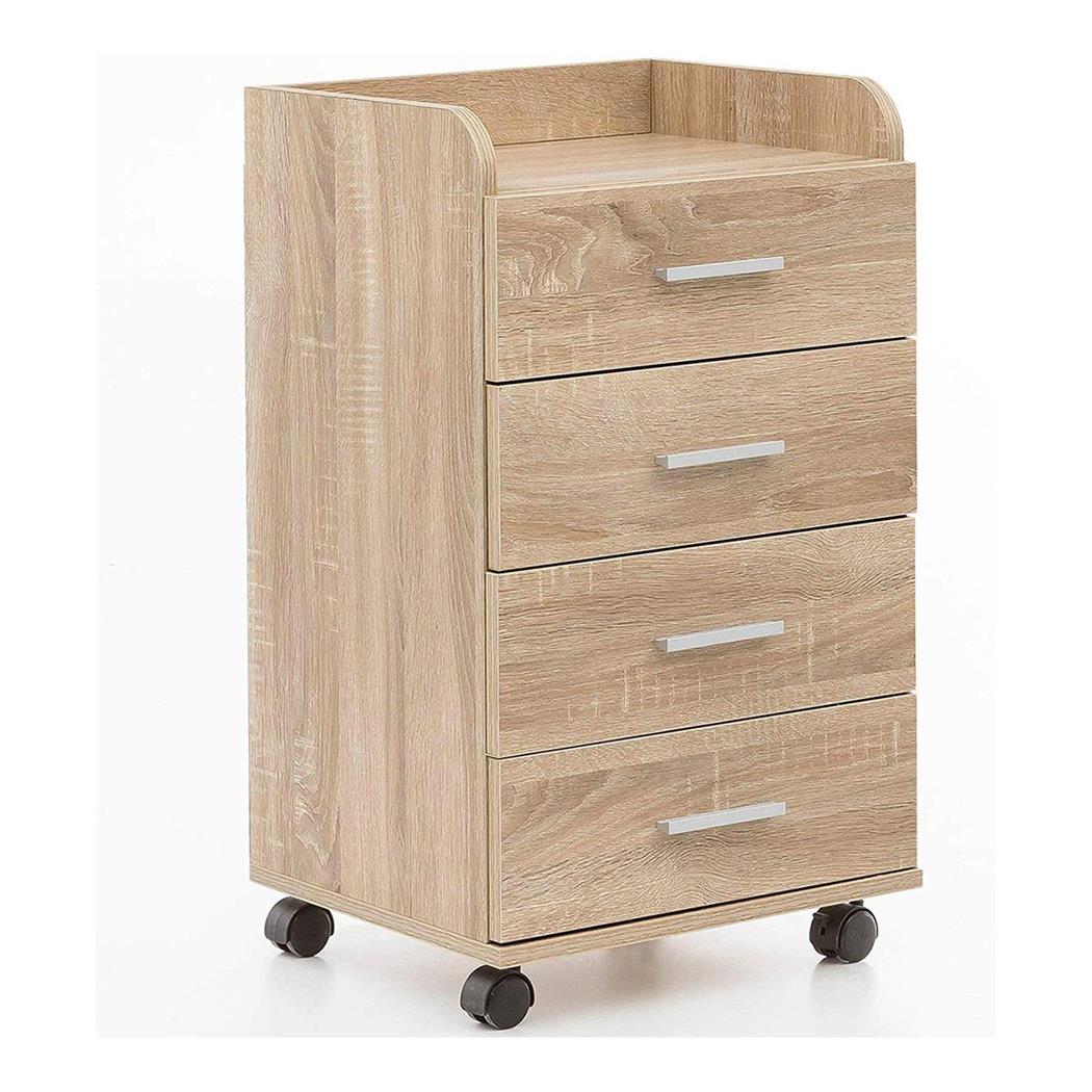 Cassettiera con Ruote MAVERY, 4 Cassetti, 40x70,5x33cm, Legno, Rovere
