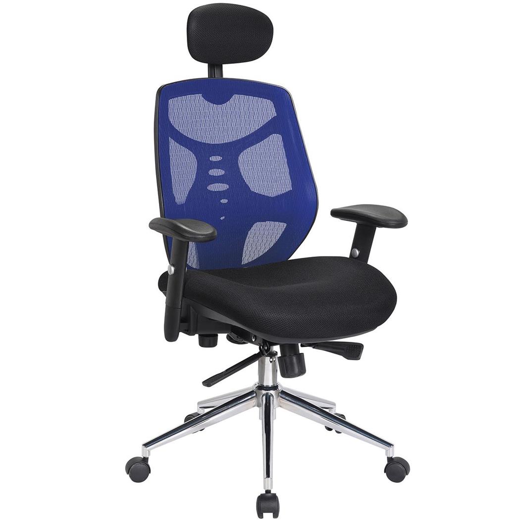 Sedia Ergonomica MANTRA, Rete e Tessuto, Supporto Lombare, Poggiatesta, in Blu