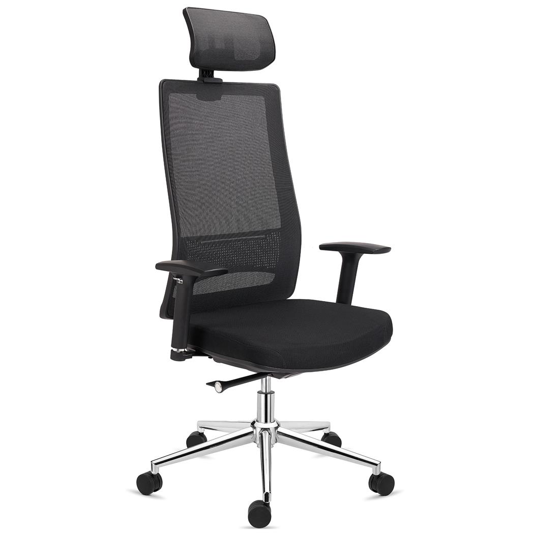 Sedia Ergonomica SANTOS, Poggiatesta, Supporto Lombare, Rete e Tessuto, Nero