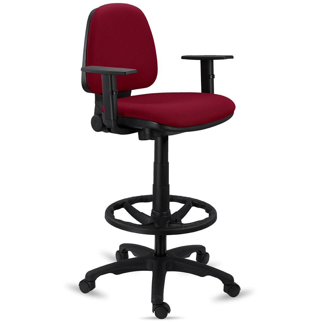 Sgabello da Lavoro NAXOS, Certificato, Regolabile, Poggiapiedi, Tessuto Bordeaux