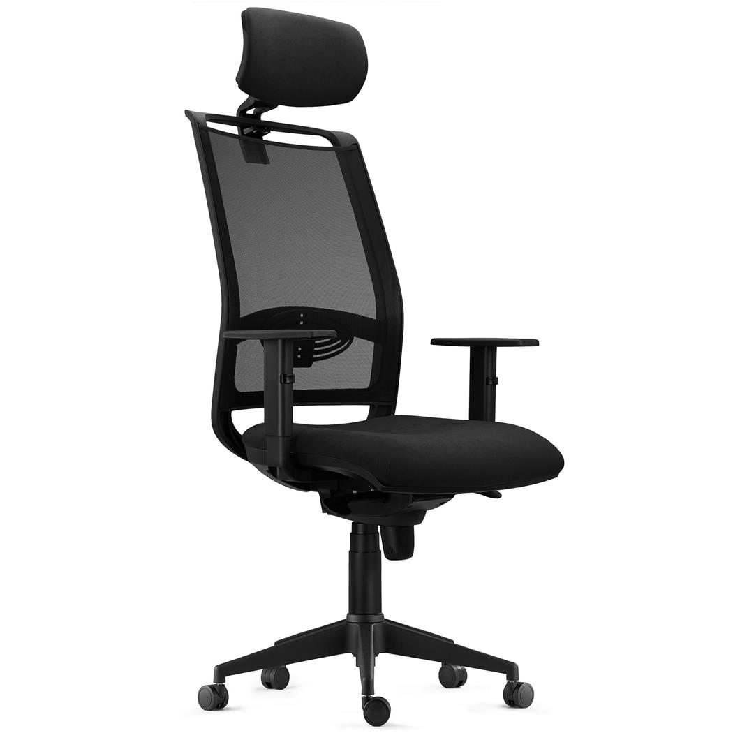Sedia Ergonomica NETTUNO, Poggiatesta, Supporto Lombare Regolabile, Tessuto e Rete, Nero