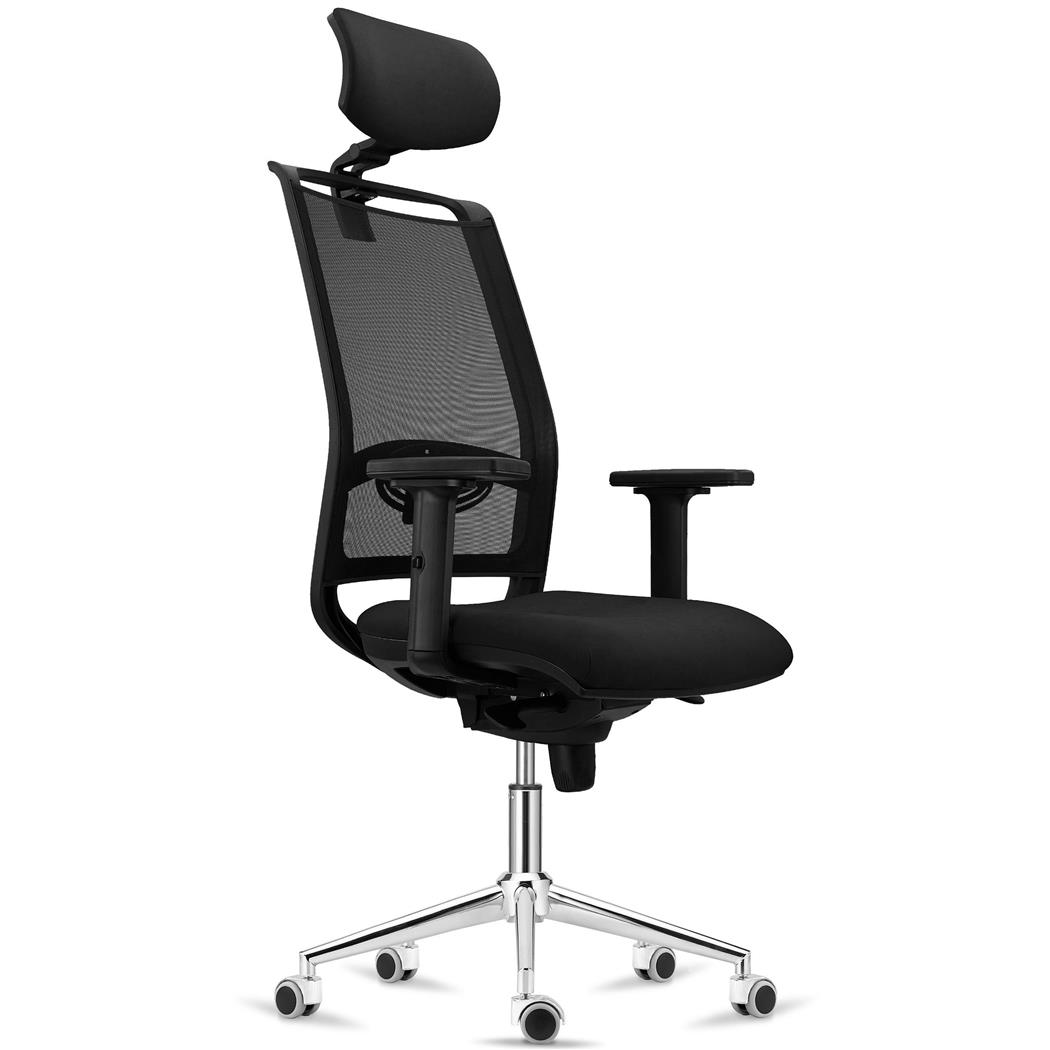 Sedia Ergonomica NETTUNO, Poggiatesta, Regolabile, Base in Metallo, Tessuto e Rete, Nero