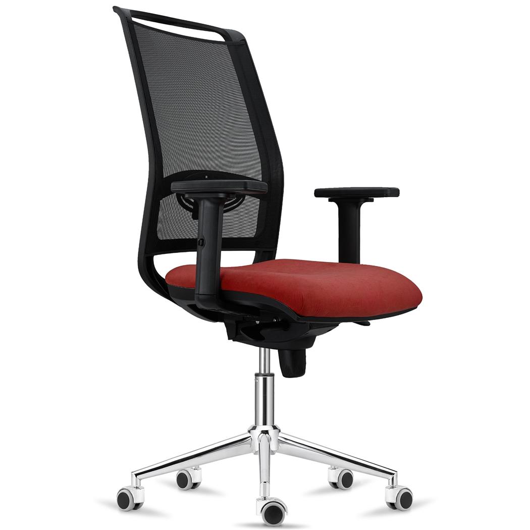 Sedia Ergonomica NETTUNO, Supporto Lombare Regolabile, Base in Metallo, Tessuto e Rete, Rosso