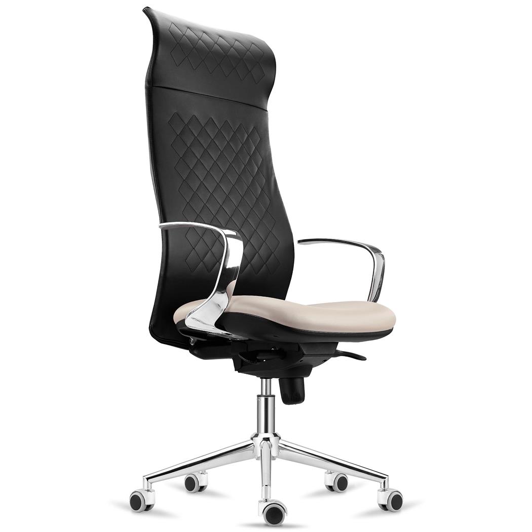 Sedia di Design YEDA, Acciaio, Schienale Alto, Cuciture a Vista, in Pelle, Sedile Crema