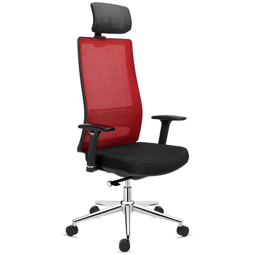 Sedia Ergonomica SANTOS, Poggiatesta, Supporto Lombare, Rete e Tessuto, Rosso