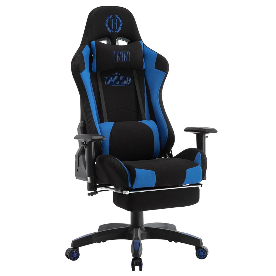 Sedia Gaming TURBO LED con Poggiapiedi, Cuscino Lombare e Cervicale, Tessuto Nero / Blu
