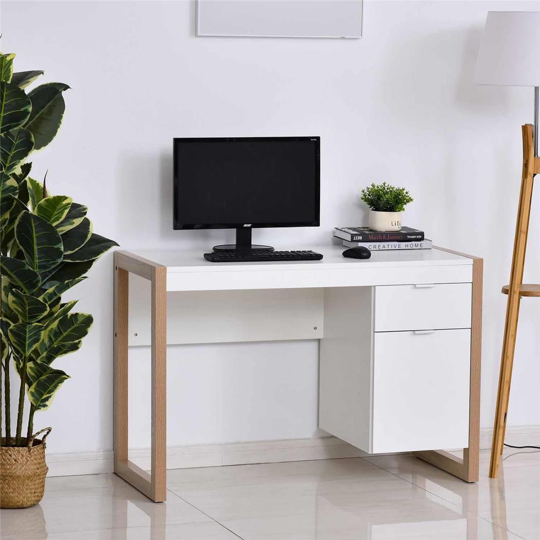 Scrivania per PC LAGE, 112,5x50x75,5cm, Con cassetti, in Legno Bianco