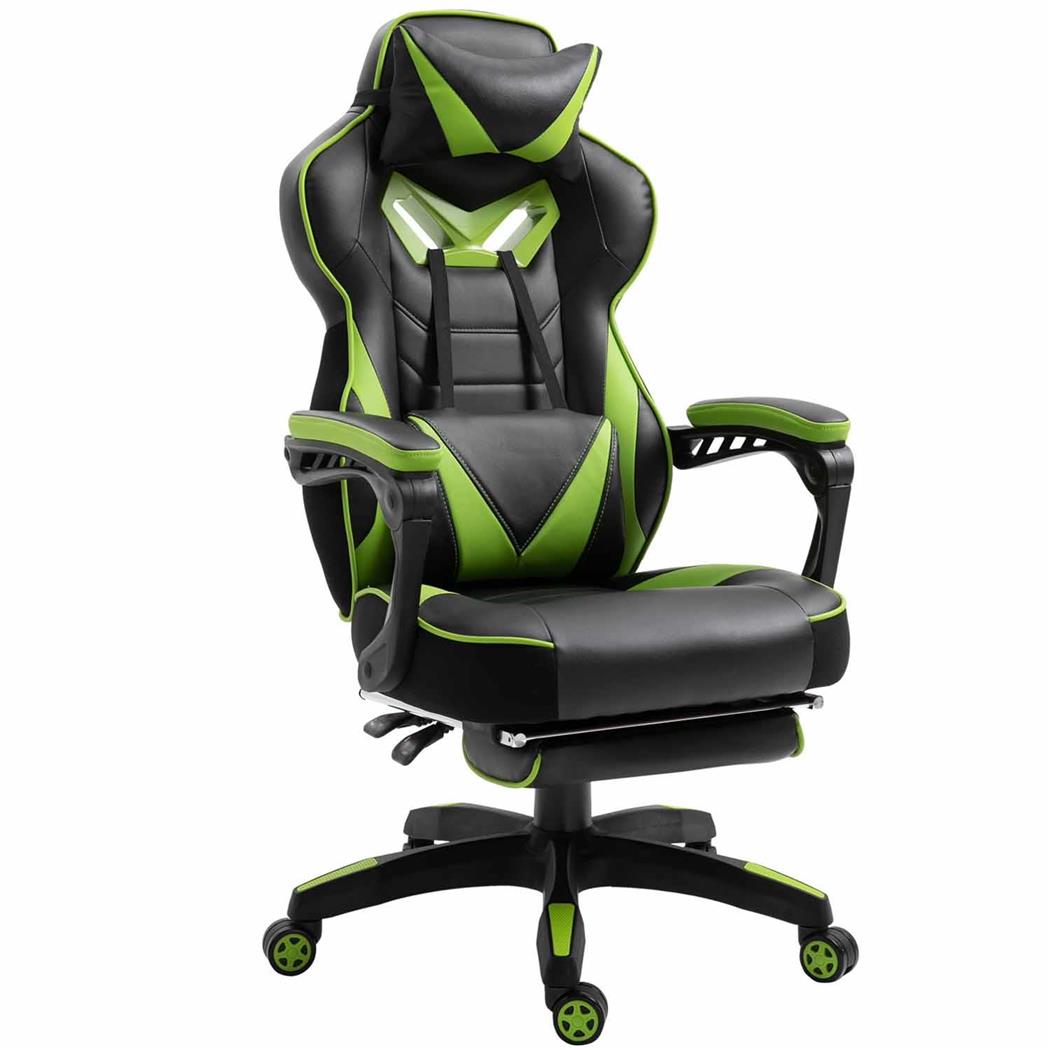 Poltrona Gaming TRONE, Reclinabile, XXL, con Poggiapiedi, in Pelle Nero/Verde