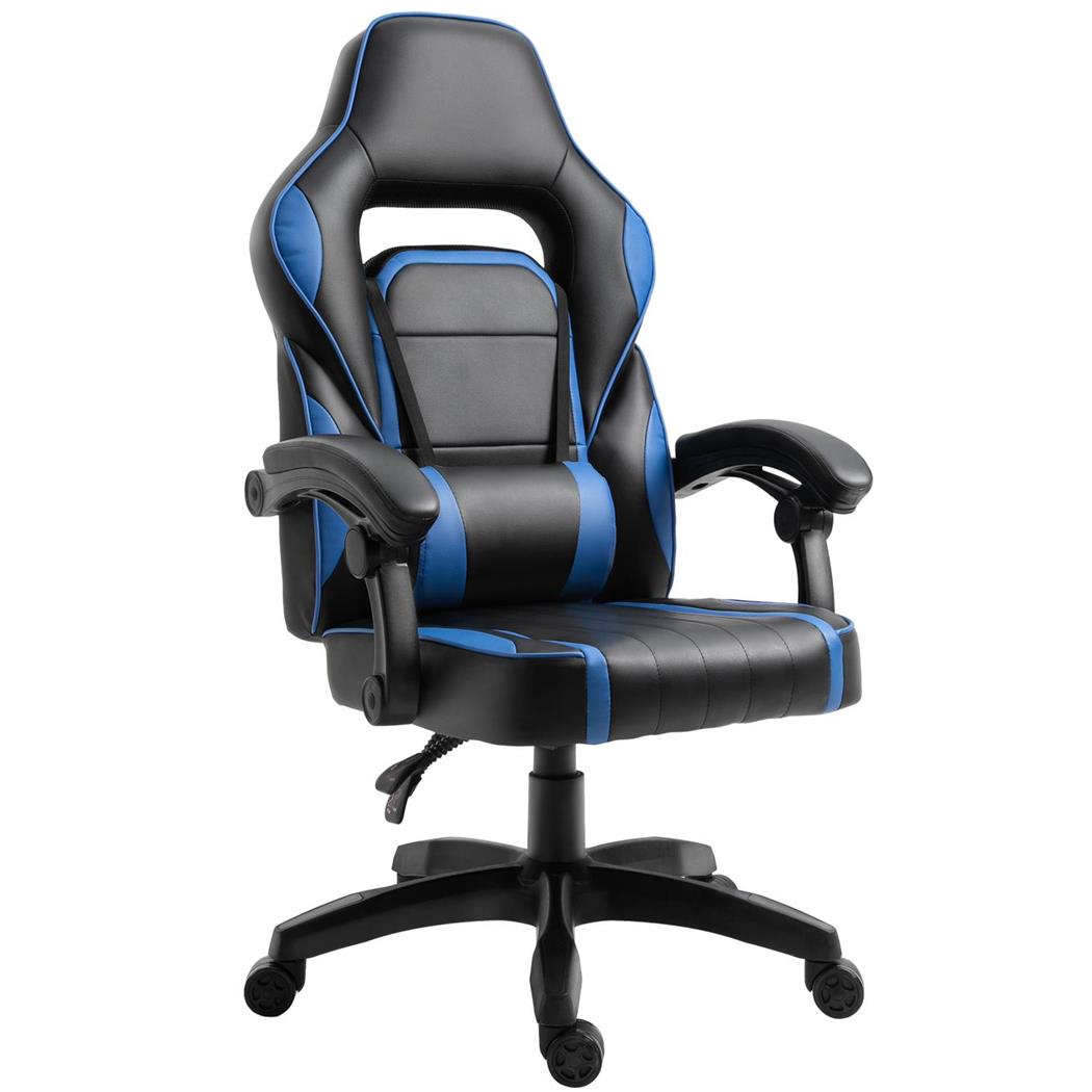 Sedia Gaming BUCAREST, Cuscino per Supporto Lombare, Pelle Nera e Blu