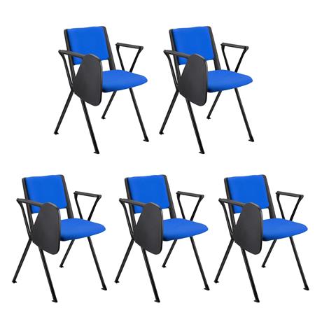 Lotto da 5 Sedie Conferenze CARINA CON SCRITTOIO, Impilabili, Gambe Nere, Tessuto Blu