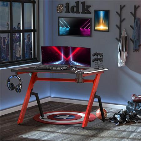 Scrivania Gaming ALEXIS LED, Design Sportivo, 120x76x66cm, in Metallo Rosso e Legno Nero