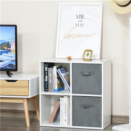 Libreria DAVOS, 4 Cubi, 2 Cassetti Estraibili, 61,5x30x61,5cm, In Legno, Bianco e Grigio
