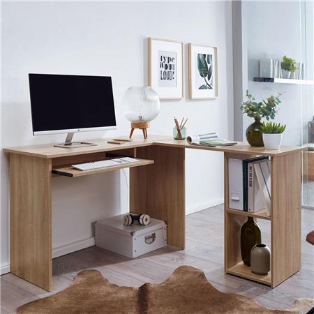 Scrivania da ufficio OLONG, 140x120x75,5 cm, Supporto Tastiera, in Legno color Rovere