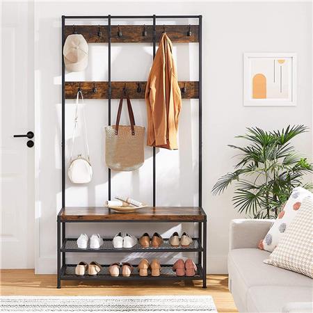Appendiabiti LUNY, con Panca, 100x40x184cm, in Acciaio e Legno Faggio