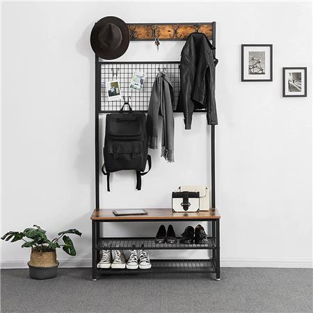 Appendiabiti OMERA, Griglia Portaoggetti, 92x41,5x187cm, in Acciaio e Legno Faggio