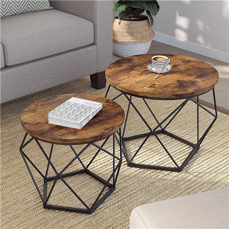 Set di 2 Tavolini RAIDEN, Stile Industriale, In Acciaio e Legno colore Faggio