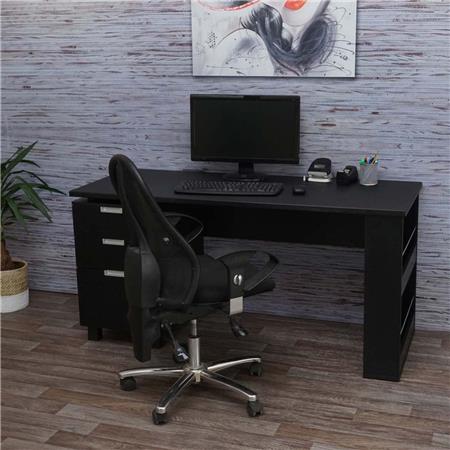 Scrivania per ufficio MUNICH, con Cassetti e Mensole, 150x60cm, in Legno Nero