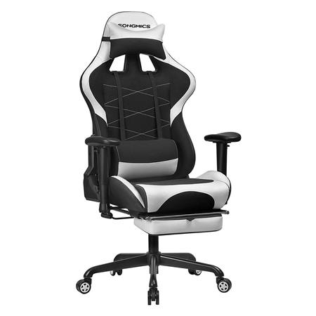 Poltrona Gaming DENNY, Poggiapiedi Estraibile, in Tessuto, Nero e Bianco