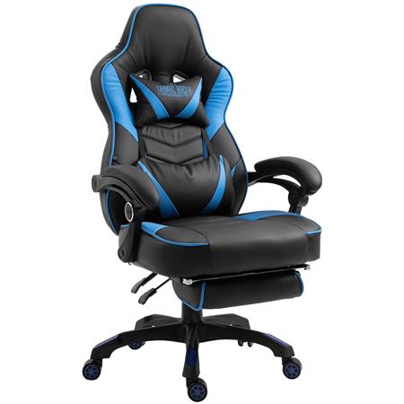 Poltrona Gaming SENNA, Confortevole, Poggiapiedi e Supporto Lombare, Pelle Nera e Blu