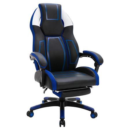 Poltrona Gaming MANDALIKA, Schienale Basculante, Poggiapiedi, in Pelle, Nero e Blu