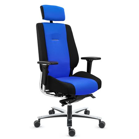 Sedia Ergonomica KRATOS, Alta Gamma, Massimo Comfort, Certificata Uso 24h, Tessuto Nero e Blu
