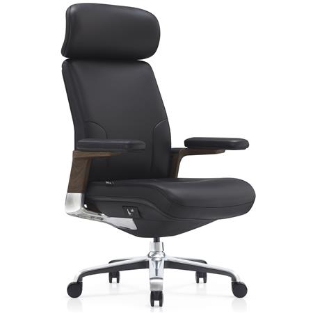 Poltrona da Ufficio SOPRANO, Imbottita, Elegante, Dettagli in Legno, Vera Pelle, Nero