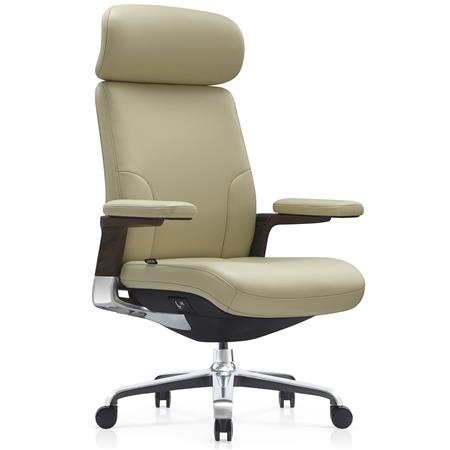 Poltrona da Ufficio SOPRANO, Imbottita, Elegante, Dettagli in Legno, Vera Pelle, Crema