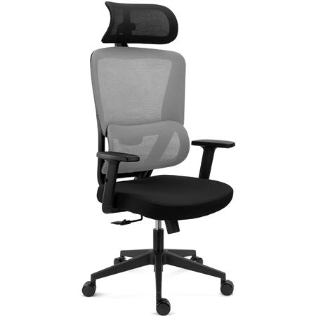 Sedia Ergonomica SUPRA, Confortevole, Supporto Lombare, Poggiatesta, Rete Traspirante e Tessuto, Grigio