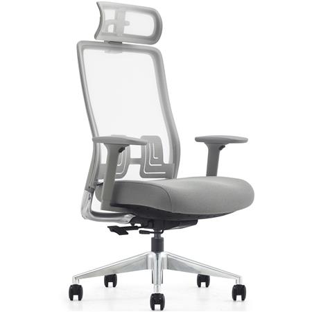 Sedia Ergonomica EVORA GREY, Confortevole, Design Esclusivo, Poggiatesta, Dettagli in Alluminio, Rete, Grigio