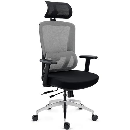 DEMO# Sedia Ergonomica SUPRA MAX, Regolazioni Avanzate, Poggiatesta, Rete Traspirante e Tessuto, Grigio