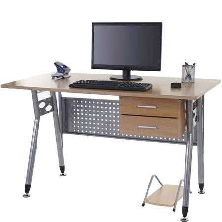Scrivania per computer CARIBE, Struttura in metallo, Superficie e cassetti in Legno color Faggio