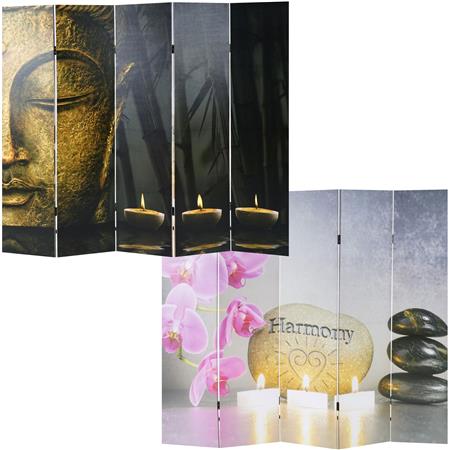 Paravento separé a 5 pannelli VINTAGE BUDDHA, 180x200x2,5cm, in legno