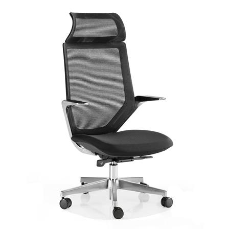 Poltrona di Design FLORIAN PRO, Braccioli Alluminio, Poggiatesta, Nero