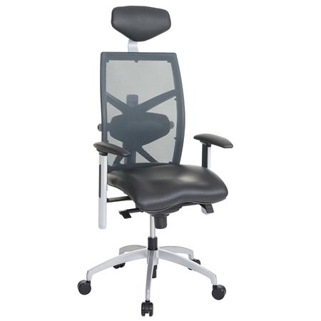 Sedia Ufficio Ergonomica NILO-TEC, Extra Comfort, Rete Traspirante e Vera Pelle in colore Nero